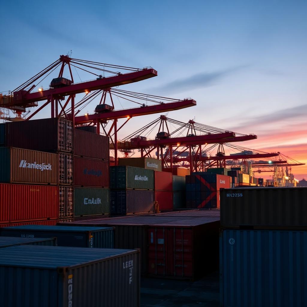 Containerhafen mit Kränen und Frachtschiffen in der Abenddämmerung
